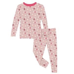 NEW KICKEE kids' print long sleeve pajama set in baby rose peppermints
